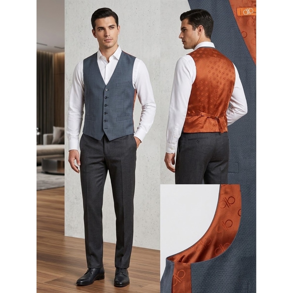 Bianco Brioni Mens Suit Vest 40R Gray Orange Monogram Back Florence B2-SV-NL-TKP